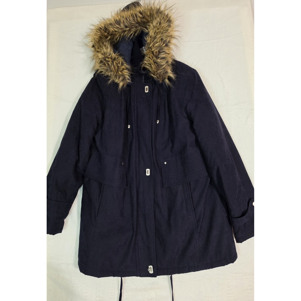 Fleet Street LTD Women's M Navy Blue Hooded Parka Faux Fur Trim Winter Coat